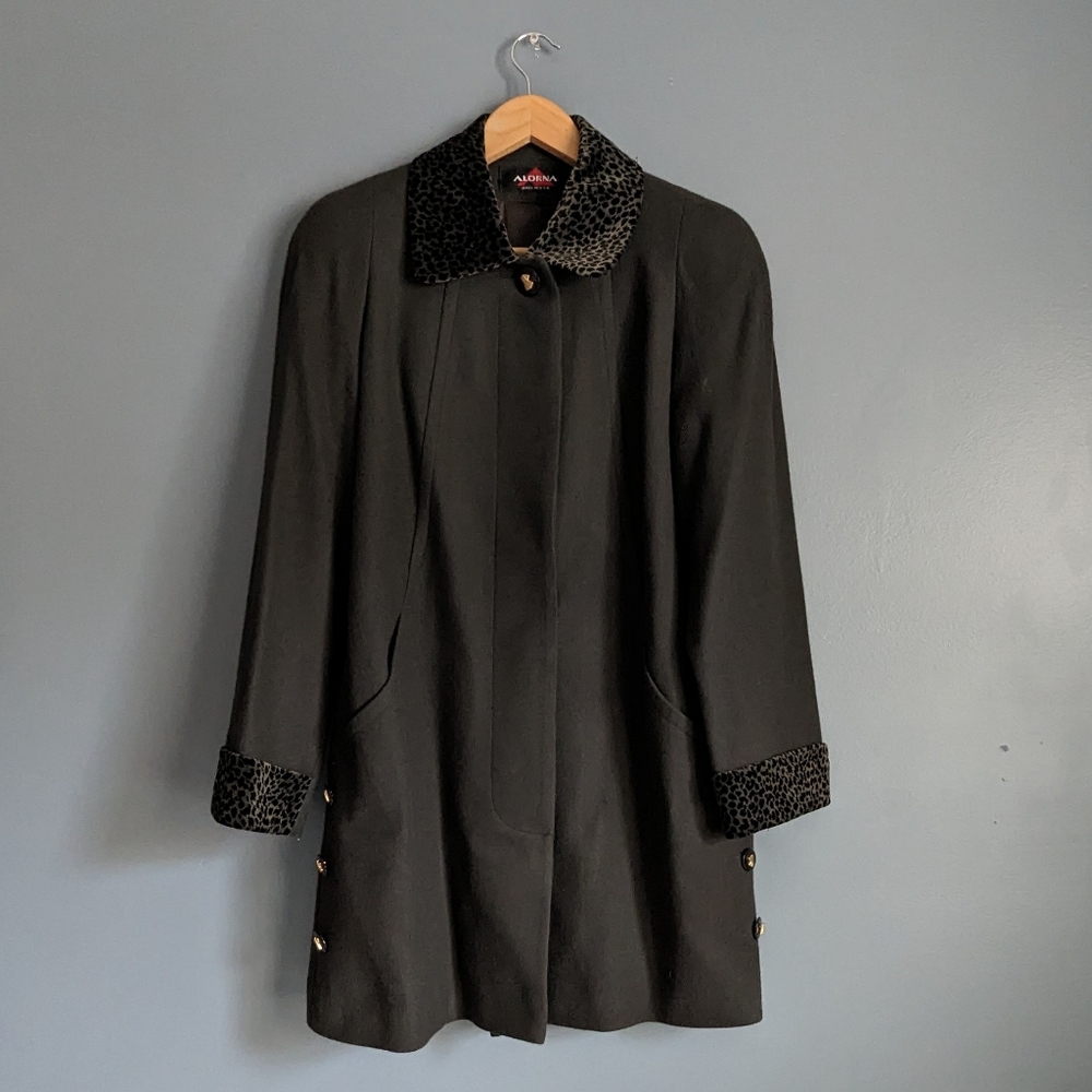 Vintage Alorna wool leopard collar Dark Green Gray Long Longline Blazer Jacket
